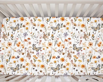 Wildflowers Crib Sheet, Monarch Butterfly Crib Sheet, Boho Floral