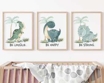 Dinosaurier Wandkunst, Dinosaurier Kinderzimmer Dekor, Dino Druck, Jungen Dekor, Baby Junge druckbare Kunst, Be Unique Be Happy Be Strong Set of 3 - PrF