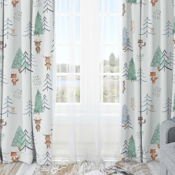 Woodland blackout curtain, Forest nursery decor, Woodland nursery, Kids playroom curtain, Boys room curtain, Pine trees - Scandi Woodland