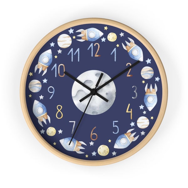 Space Nursery clock, Outer Space wall clock, Boys Bedroom decor, Kids clock, Moon Clock, Planets Clock, Rocket Clock, Wooden Frame - OuS