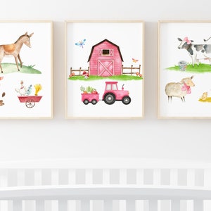 Farm nursery wall art, Farm nursery prints, Girl room wall decor, Farm Animals art, Baby Girl printable wall art, Set of 3  DIGITAL DOWNLOAD