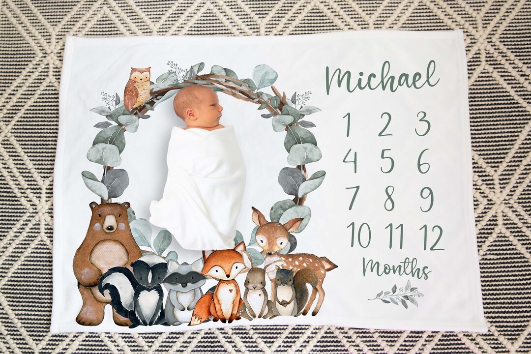 Woodland Animals Milestone Blanket, Personalized Milestone Baby Blanket ...