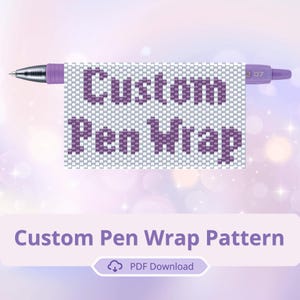 May include: A purple pen with a custom pen wrap design. The wrap features the words "Custom Pen Wrap" in a pixelated style. The pen has a silver tip and a purple barrel. The image also includes a banner that says "Custom Pen Wrap Pattern" and a PDF download icon.