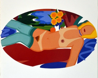 May include: Poster for Kunsthaus Hannover's exhibition "AUGENLUST" from September 6, 1998, to January 15, 1999. The artwork features a reclining nude figure in shades of orange, blue, and red, with text in German.