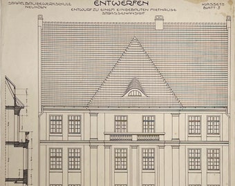May include: A black and white architectural drawing of a building facade with a gabled roof, a balcony, and a shopfront with three arched doorways. The drawing is labelled "ENTWERFEN" and "SOMMERHALBJAHR 1919".