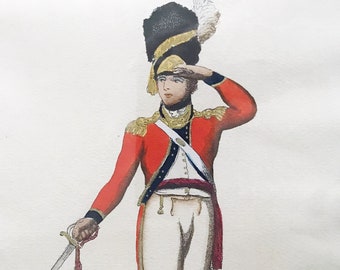 Thomas Rowlandson Etching Engraving Print Hand coloured Original print Antique Art Military print Officer Uniform Memorabilia