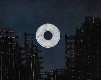 May include: A black and white abstract painting depicting a city skyline at night with a large white circle in the sky. The painting is titled "L'ete imaginaire, 1927" by Max Ernst.