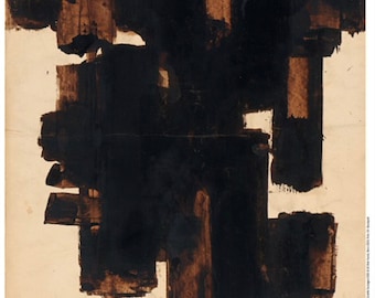 May include: Abstract painting with black and brown brushstrokes on a white background. The painting is titled "Broie de noir sur papier" and is signed by the artist, Pierre Soulages.