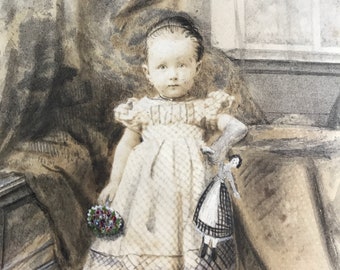 May include: A watercolor painting of a young girl in a white dress with a checkered pattern. She is holding a bouquet of flowers in one hand and a doll in the other. The background is a light brown with a window and a curtain.