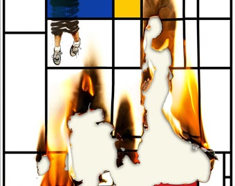 May include: A digital art piece inspired by Piet Mondrian's style, featuring a boy in a blue shirt and a burning image of a person in the center.