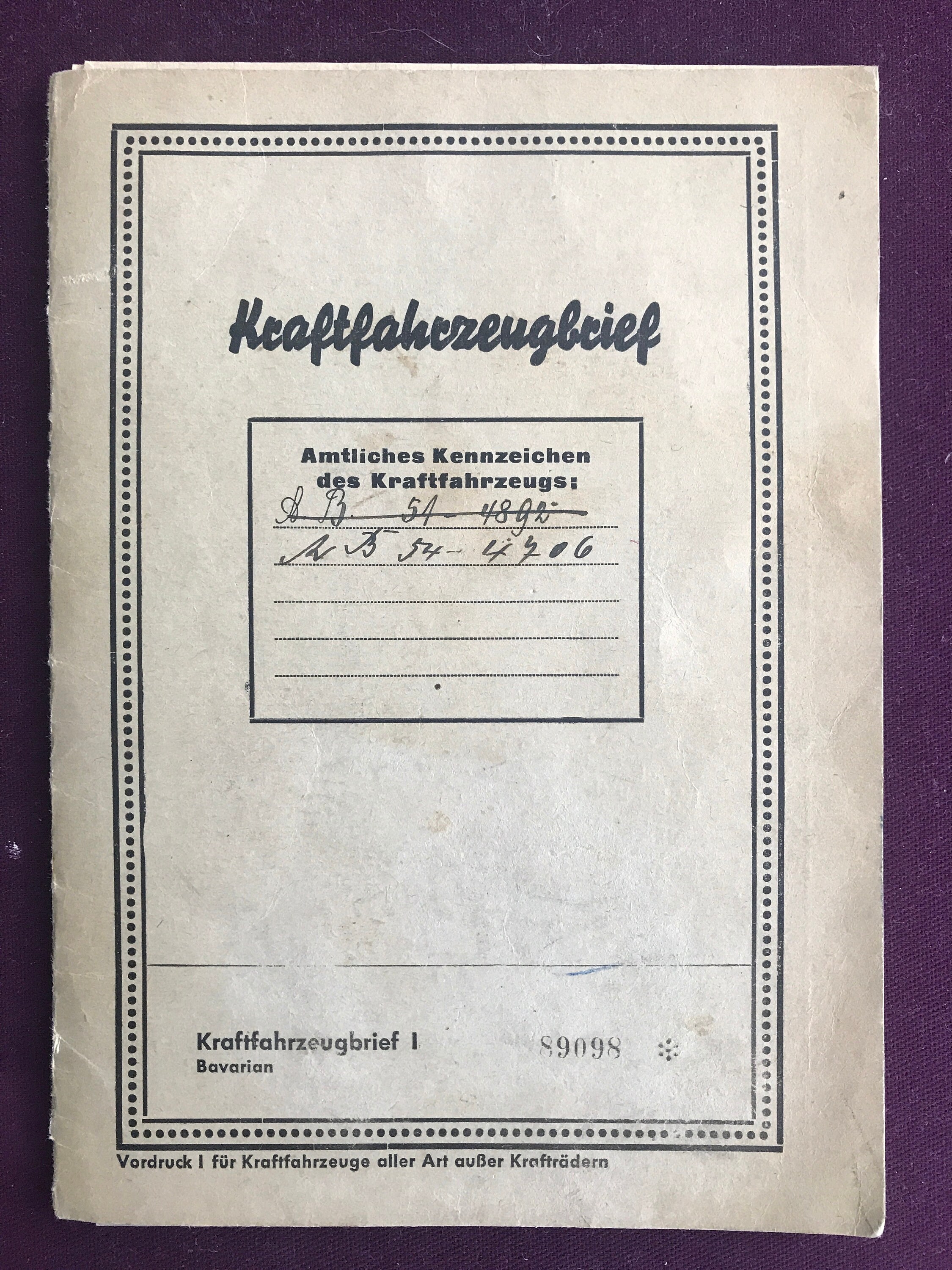 Graham Paige Motor Vehicle German Registration papers Kraftfahrzeugbrief Vintage