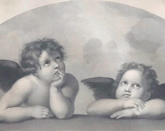 Antieke prent Sixtijnse Madonna engelen: Rafaëlgravure