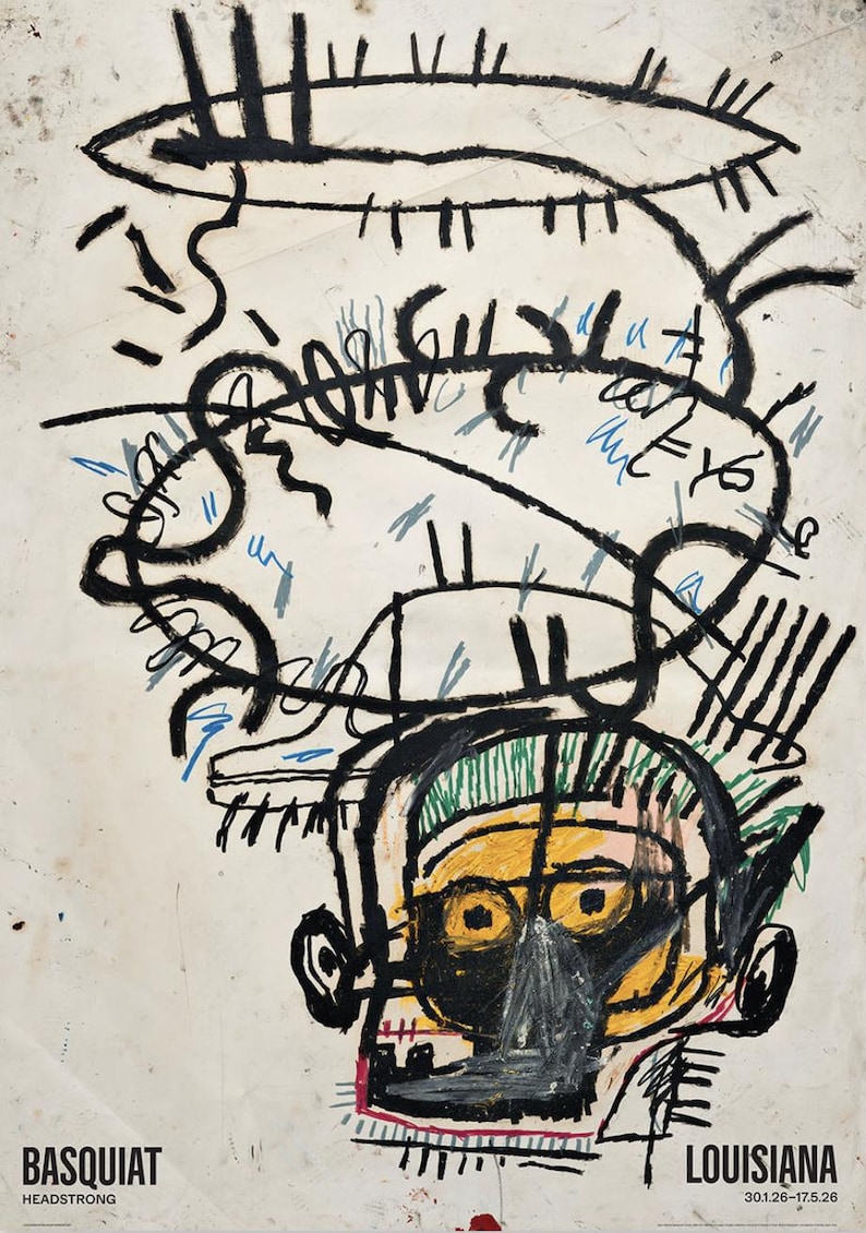 Puede incluir: Obra de arte abstracta de Basquiat, que presenta una cabeza estilizada con acentos amarillos, negros y verdes. La obra incluye l&iacute;neas negras audaces, garabatos y el texto "BASQUIAT HEADSTRONG LOUISIANA 30.1.26-17.5.26" sobre un fondo color crema.