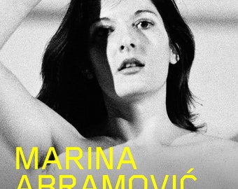 May include: Black and white photograph of Marina Abramović, a Serbian performance artist, for her exhibition "The Cleaner" at the Moderna Museet in Stockholm, Sweden. The text "MARINA ABRAMOVIĆ The Cleaner 18.2-21.5 2017 MODERNA MUSEET" is printed in yellow on the poster.