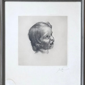 May include: A black and white drawing of a child's head and shoulders, looking up and to the right. The child has short, curly hair and is wearing a simple garment. The drawing is signed in the lower right corner with the artist's initials and the year '33'.
