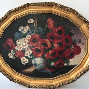 Still life Flowers in Vase Original Oil on canvas Painting Signed Art