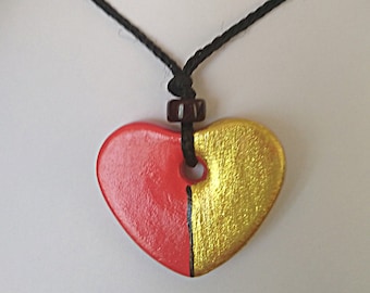 red and gold heart clay necklace, red and gold heart pendant, heart jewelry, clay heart jewelry, clay pendant, heart pendant, clay heart