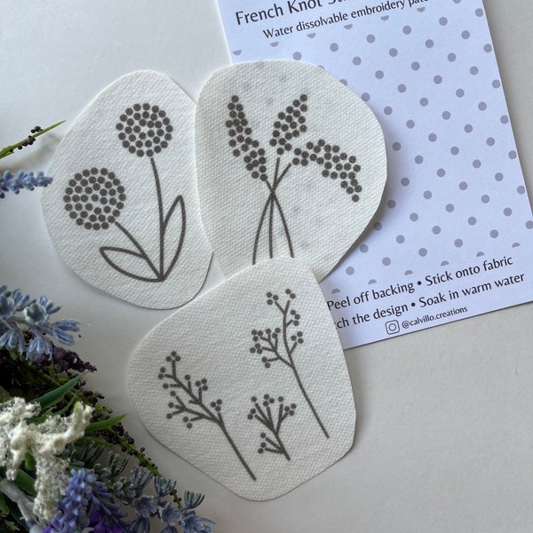 French Knot Stick and Stitch Patches - Floral Water Dissolvable Embroidery Patches - French Knot Hand Embroidery Pack