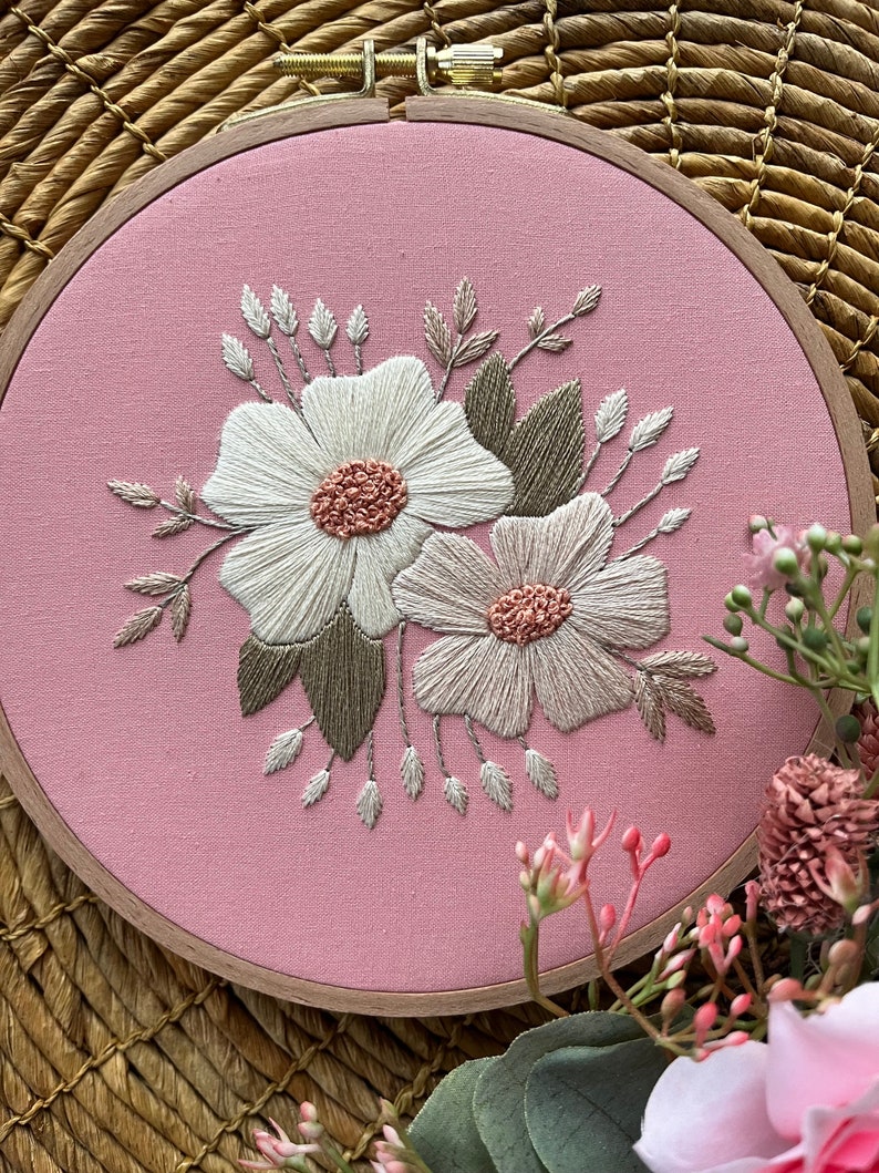 New Neutrals Flower Embroidery Hoop Floral Hand Embroidered Art Piece Neutral Flower Embroidery image 1