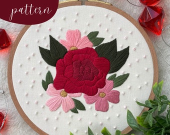 Rosy Blooms - Digital PDF Floral Embroidery Pattern - Instant Download Pattern and Stitch Guide - Beginner DIY Embroidery