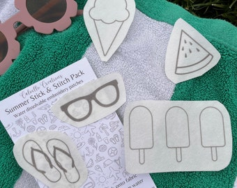 Summer Stick and Stitch Embroidery Patches - Flip Flop and Sunglasses Water Dissolvable Patches - Popsicle, Ice Cream, Watermelon Patches