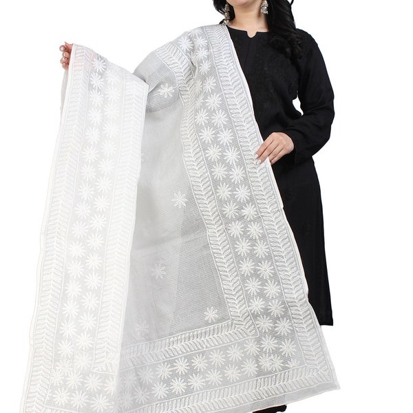 Best selling Chikankari Dupatta Pure Kota Cotton White Lucknowi Chikankari Tepchi Work Hand Embroidered Dupatta Free shipping