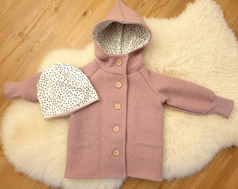 Wollwalkjacke Gr.86/92, Walkloden, Babyjacke, rosa, Punkte, Holzknöpfe