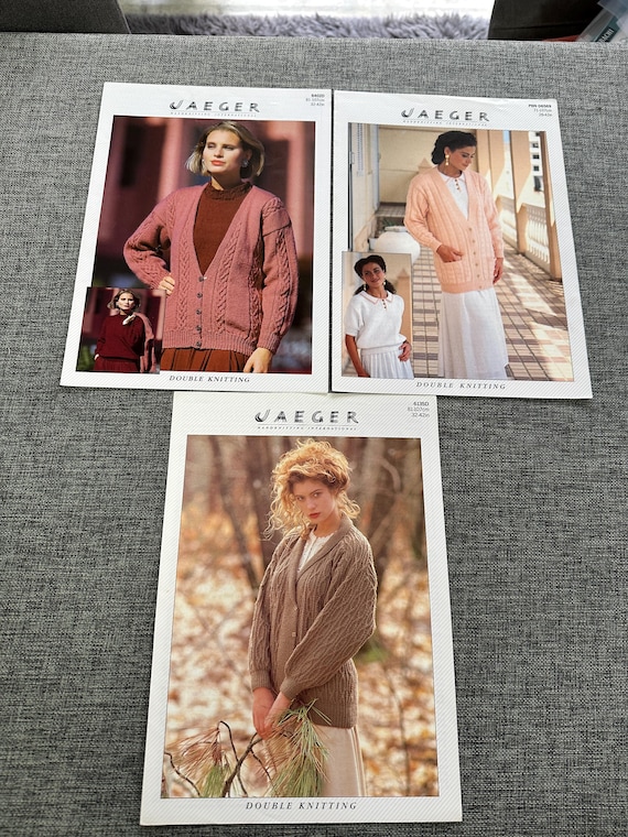 Jaeger, Vintage Jaeger Double Knitting Pattern Set – 3‑Piece Cable Cardigan Collection (6402D, PBND6569, 6135D)