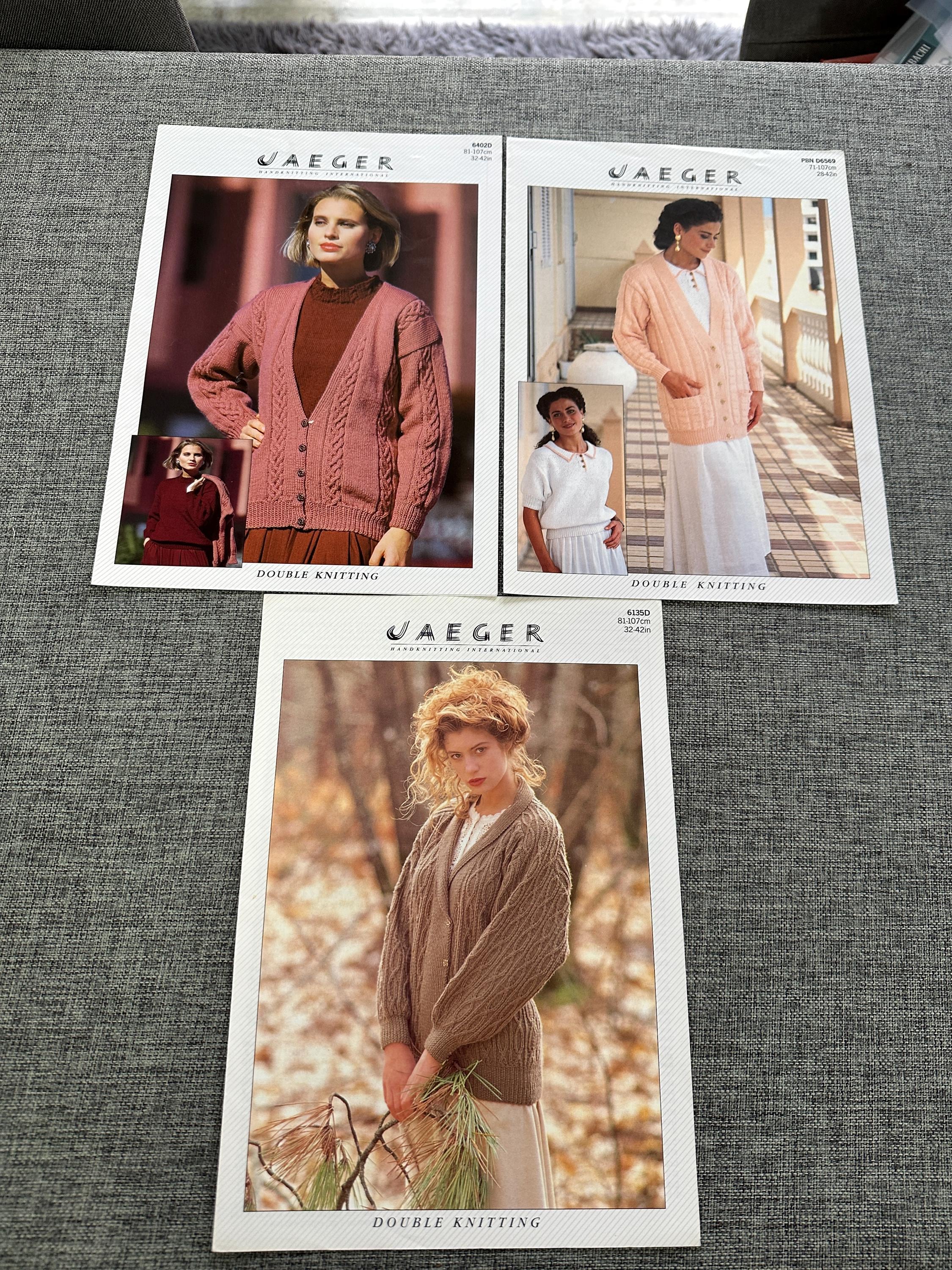 Jaeger, Vintage Jaeger Double Knitting Pattern Set – 3‑Piece Cable Cardigan Collection (6402D, PBND6569, 6135D)