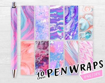 Op de afbeelding: Tien kleurrijke penomslagen met roze, blauwe en paarse abstracte marmerpatronen. De penomslagen zijn gelabeld met "10 EPOXY PEN WRAPS PNG/JPG".
