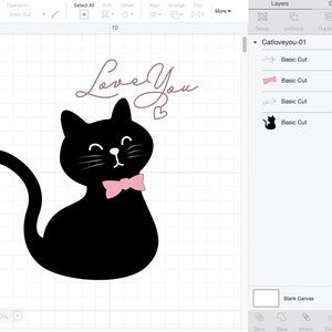 May include: A black cat illustration with a pink bow tie and the words "Love You" in a cursive font. A small pink heart is next to the words. The cat has white whiskers and a smiling face.