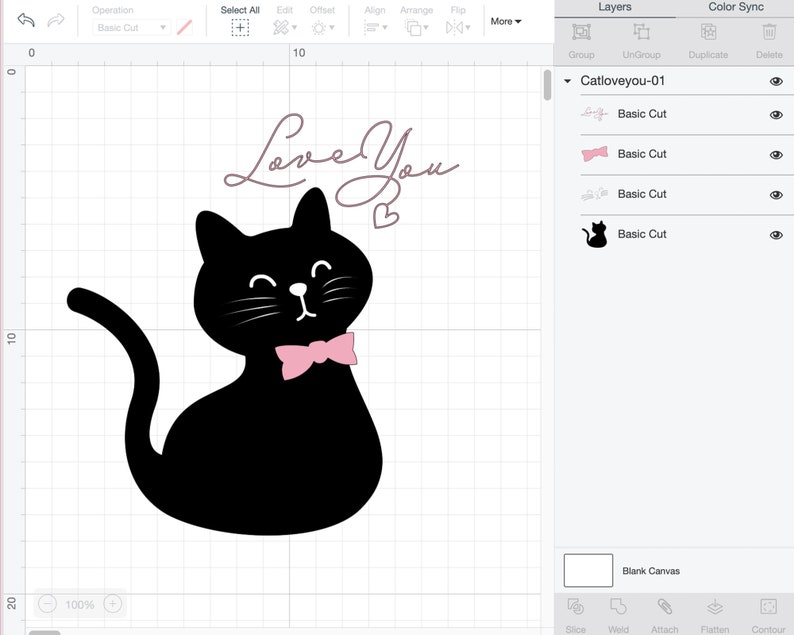 May include: A black cat illustration with a pink bow tie and the words "Love You" in a cursive font. A small pink heart is next to the words. The cat has white whiskers and a smiling face.