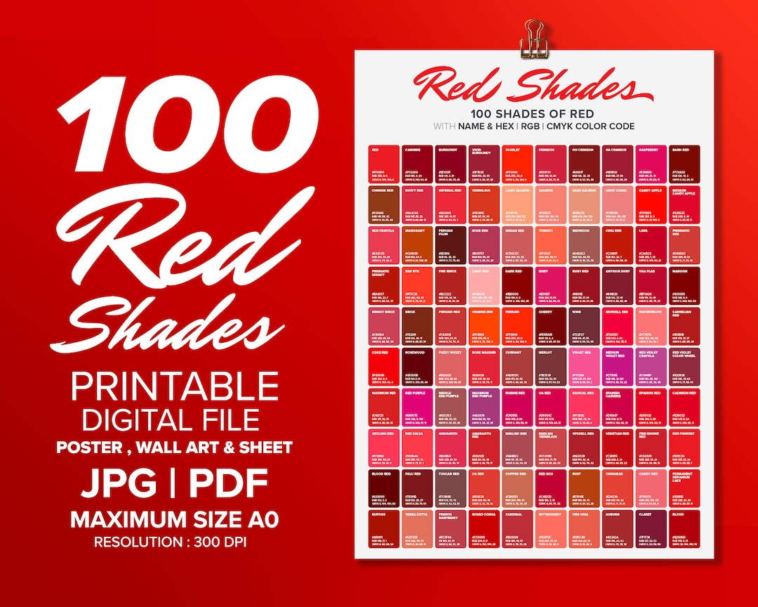 100 Red Shades Color Poster, Wall Art Color, Chart & Sheet, Color