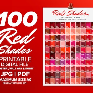 Póster de color de 100 tonos rojos, color de arte de pared, gráfico y hoja, tonos de color de ROJO, póster imprimible, póster A0 - A4 Impresión digital