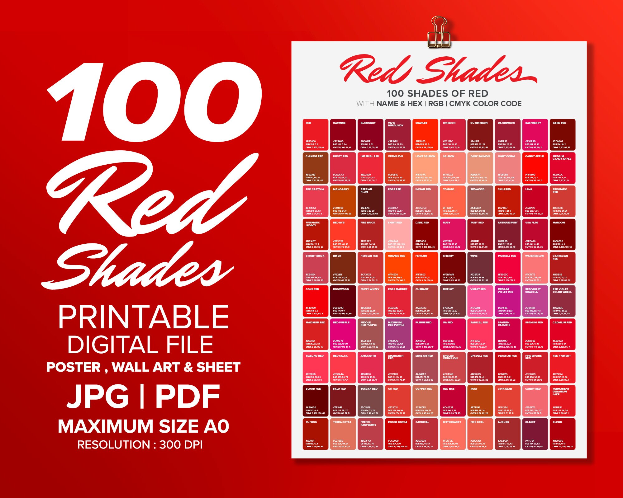 100 Red Shades Color Poster Wall Art Color Chart Sheet Color 