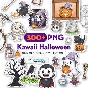 May include: A collection of Kawaii Halloween-themed PNG stickers. The stickers feature various characters and objects, including a black cat on a broom, a skeleton, a mummy, a ghost, a pumpkin, a vampire, and a bat. The text "300+ PNG" and "Kawaii Halloween" are also visible.