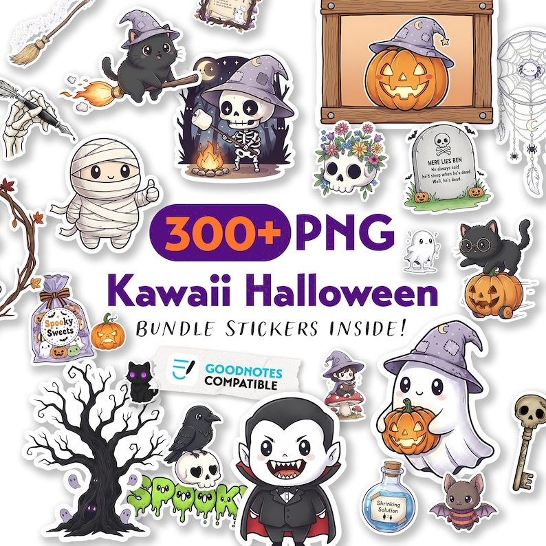 Kawaii Halloween Clipart PNG Bundle, Spooky Stickers (digital Download ...