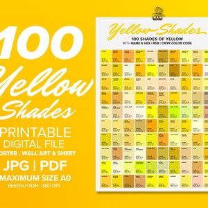 100 Yellow Shades Color Poster, Wall Art Color, Chart & Sheet, Color Shades of YELLOW, Poster Printable,  Poster A0 - A4 Digital Print