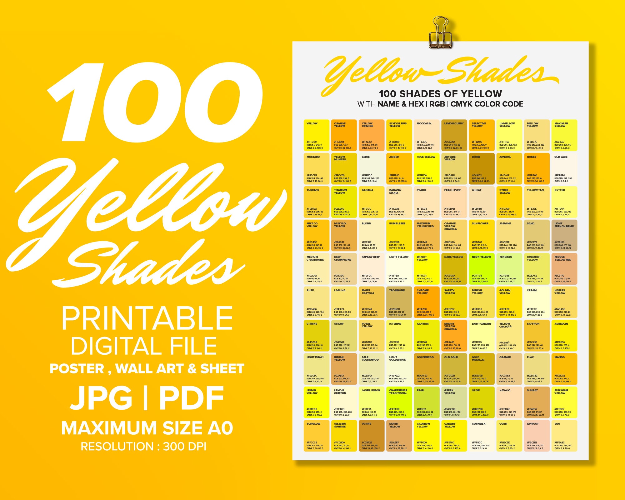 100 Yellow Shades Color Poster, Wall Art Color, Chart & Sheet, Color ...