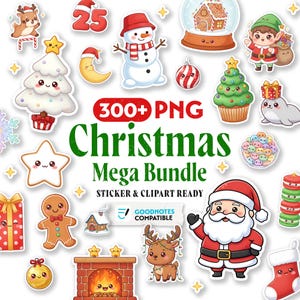Pacchetto di clipart natalizie Kawaii, oltre 300 adesivi PNG per Goodnotes (download digitale)