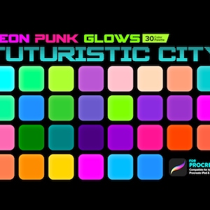 Puede incluir: Una paleta de arte digital con 30 colores de brillo neón para Procreate. La paleta presenta un tema de ciudad futurista con colores neón verde, azul, rosa y naranja.