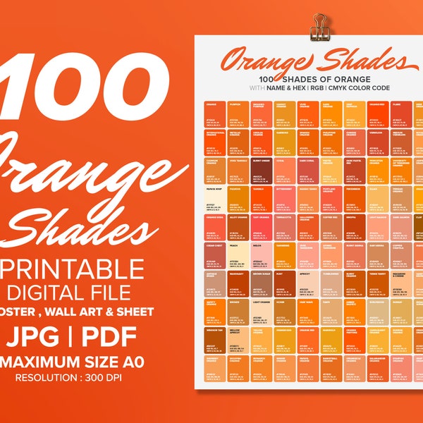 100 Orange Shades Color Poster, Wall Art Color, Chart & Sheet, Color Shades of ORANGE, Poster Printable,  Poster A0 - A4 Digital Print