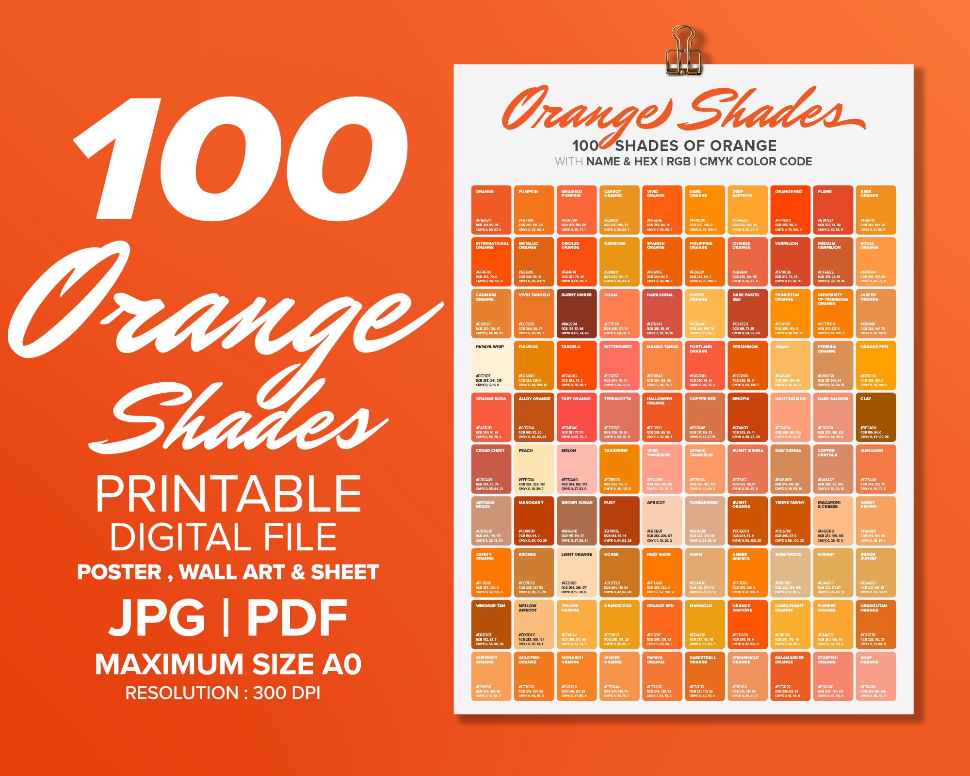100 Orange Shades Color Poster, Wall Art Color, Chart &amp; Sheet ...