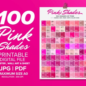 Affiche couleur 100 nuances de rose, art mural en couleurs, tableau et feuille, nuances de couleur de rose, affiche imprimable, affiche A0 - impression numérique A4