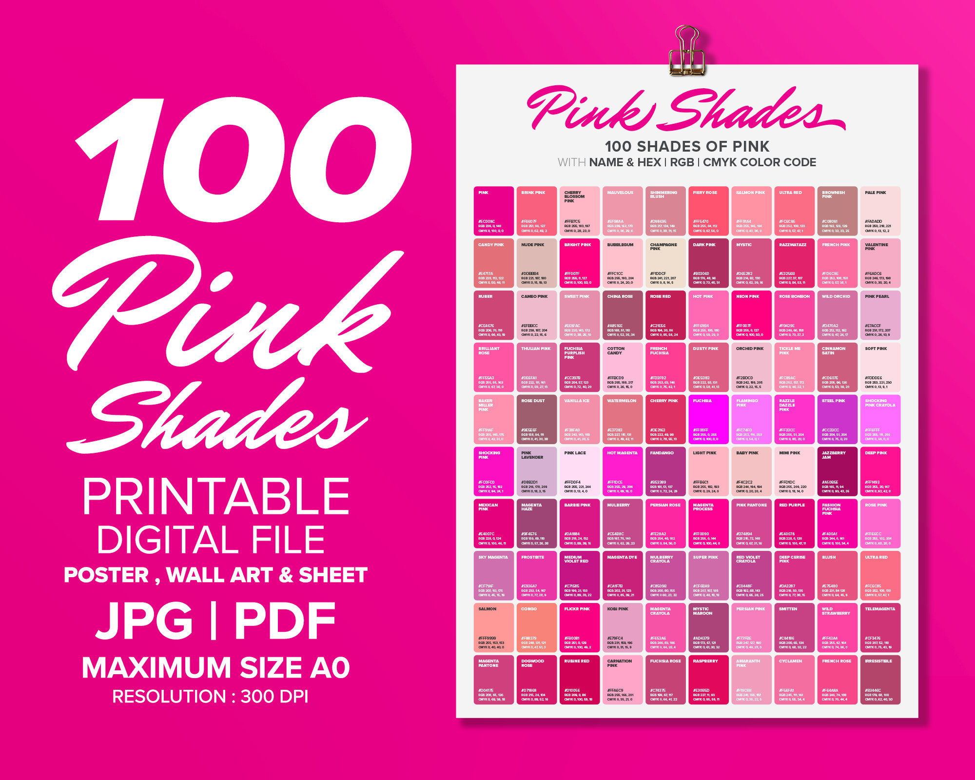 100 Pink Shades Color Poster, Wall Art Color, Chart & Sheet, Color Shades  of PINK, Poster Printable, Poster A0 A4 Digital Print -  Canada