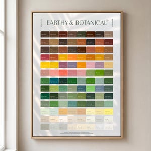 May include: A framed wall art print titled EARTHY & BOTANICAL featuring a grid of 304 color swatches arranged in rows. Each small rectangular swatch displays a unique color name and corresponding numerical color codes on a white background.