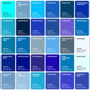 100 Blue Shades Color Poster, Wall Art Color, Chart & Sheet, Color ...