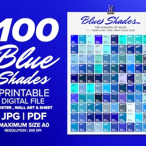 100 Blue Shades Color Poster, Wall Art Color, Chart & Sheet, Color Shades of BLUE, Poster Printable,  Poster A0 - A4 Digital Print