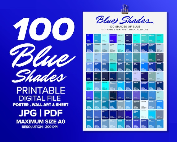 100 Blue Color Digital of Poster Poster Sheet, Etsy & Poster, Wall Printable, A4 Art A0 Color, Chart - Shades Shades BLUE, Print Color