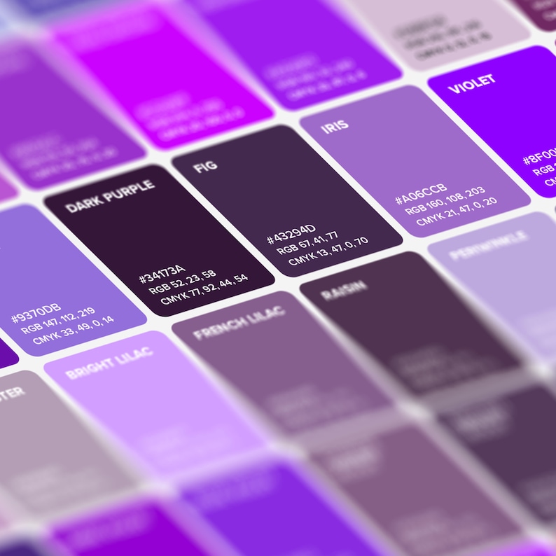 100 Purple Shades Color Poster, Wall Art Color, Chart & Sheet, Color